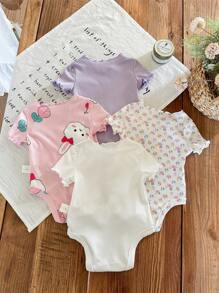 SHEIN LMoss Kids 4件套新生女宝宝夏季可爱兔子碎花针织连体衣 - 彩色 - 查看 2