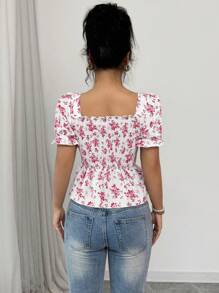 Chiquease 女式花卉印花泡泡袖荷叶边下摆休闲衬衫，度假风格 - 紅白色 - 查看 2