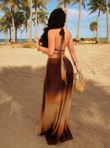 SHEIN SXY 大码渐变色露背开衩至大腿休闲度假连衣裙 - 彩色 - 查看 2