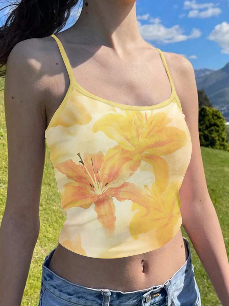 SHEIN EZwear Women Casual Floral Print Sexy Camisole Tight Tank Top, Suitable For Summer,Rave Top - Multicolor - View 5