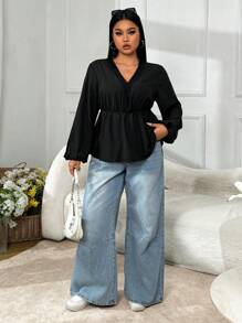 Solflare Plus Size Casual Commuter Plain Lantern Sleeve Shirt - Black - View 4