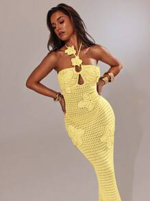 SHEIN BAE 女士纯色镂空花卉装饰露背针织度假连衣裙 - 黃色 - 查看 8