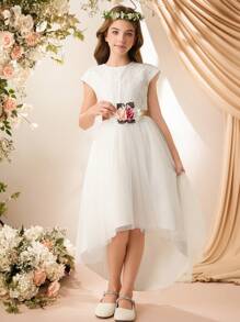 Girls' Elegant Lace Chiffon Patchwork Formal Dress With Champagne Sash Bow, Floral Applique, Suitable For Flower Girl, Wedding, Prom, Versatile - White - View 7