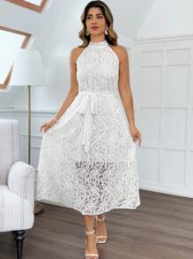 Flirla Plus Size Women Elegant Jacquard Halter Halterneck Tie Waist Dress