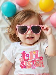 SHEIN 姐妹套装，粉色“Lil Sister”字母印花休闲短袖圆领女婴T恤，适合夏季 - 白色 - 查看 4