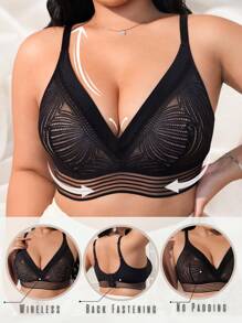 1 pieza Sujetador lencería sin aros cómodo con parche de encaje talla grande para mujer - Negro - Ver 1