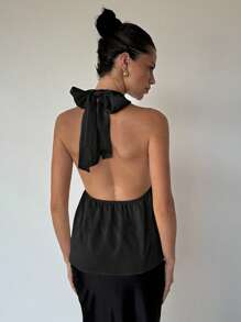 Aloruh 缎纹面料春季挂脖金属扣露背背心