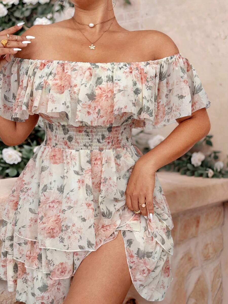 Flirla Plus Size Off Shoulder Romantic Floral Layered Cake Dress - Yellow - View 1