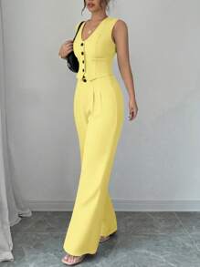 Selianne 女士优雅通勤奶油黄色单排扣背心和裤子休闲套装 - 黃色 - 查看 5