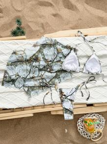 Swim Vcay 3 件套多色印花三角形吊带上衣、圆领罩衫和比基尼套装、女士沙滩装 - 彩色 - 查看 2