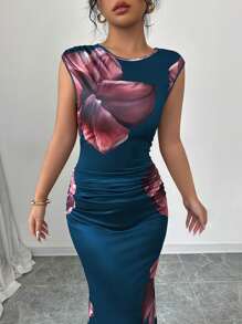 Elenzga Vacation Crew Neck Sleeveless Large Floral Print Simple Elegant Women's Dress - Blue - View 6
