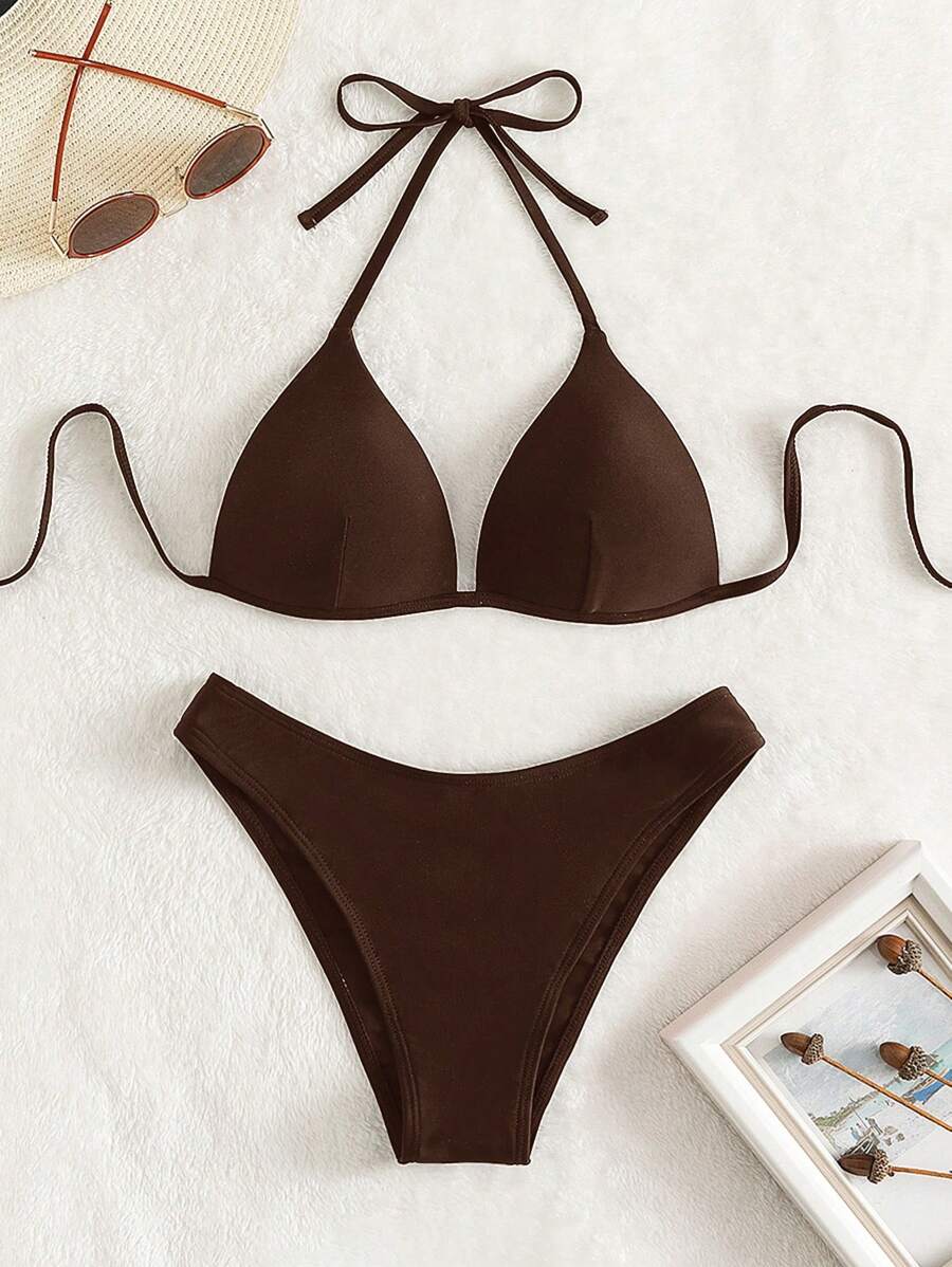 Swim Basics 棕色聚拢比基尼套装,女士度假派对沙滩泳装,春夏款 - 棕色 - 查看 1