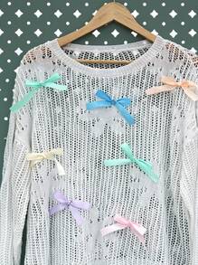 SHEIN EZwear 大码女式蝴蝶结装饰镂空长袖套头衫 - 白色 - 查看 4