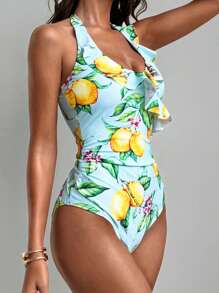 SHEIN Swim Lushore Women's Holiday Lemon Print Ruffle Neck One-Piece Swimsuit - Multicolor - View 7