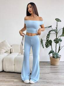 SHEIN EZwear 2pcs/Set Women Off Shoulder Solid Color Short Sleeve Top And Flared Leg Pants