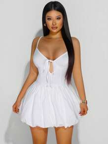 Zolique Summer Sexy Solid Color Spaghetti Strap Ruffle Hem Mini Slip Dress - White - View 1
