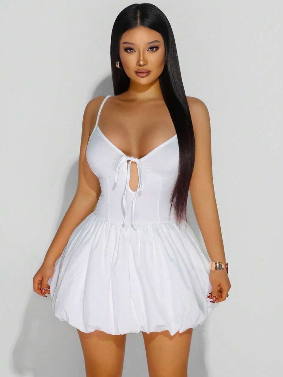 Zolique Summer Sexy Solid Color Spaghetti Strap Ruffle Hem Mini Slip Dress - White - View 1