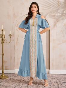 Al Najma Women's Elegant Arabic Splice Ribbon Exposed Shoulder Dress - Blue - View 6