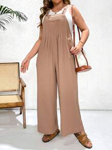 SHEIN Essnce Plus Size Women's Spring And Summer Fashion Casual Loose Comfortable Cool Light Daily Khaki Texture Fabric Overalls,Curve Pants,Western Clothes For Women,Boho Women Clothing,Going Out Outfits,Vacation Outfits Woman,Women Jumpsuit - Khaki - View 5