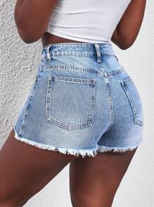 SHEIN Slayr Women's Front Button Pocket Ripped Minimalist Casual Denim Shorts - Blue - View 2