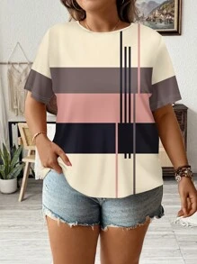 SHEIN LUNE Camiseta de talla grande con estampado de rayas de ancho completo de estilo casual y simple, para el verano - Multicolor - Ver 1