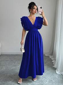 Elenzga Women's Elegant Solid Color Ruffle Tie-Up Backless Dress Easter - Blue - View 6