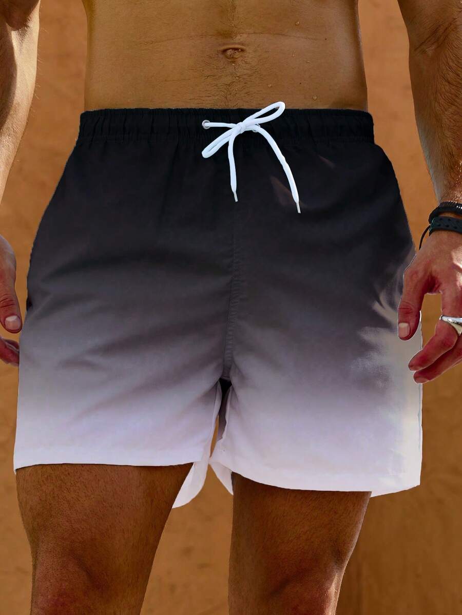 Manfinity Men's Tie Dye Print Drawstring Waist Loose Beach Shorts - Black and White - View 1