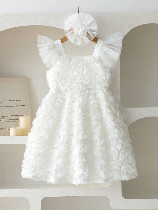 SHEIN Glamorique Kids Rochie elegantă pentru fete, cu mâneci tip broderie florală 3D, stil prințesă, potrivită pentru performanță, petrecere, aniversare, nuntă