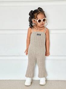 SHEIN Leap Crew Babygirl Cute Knitted Khaki Letter Print Camisole Jumpsuit Flare Pants, Spring & Summer - Khaki - View 7