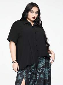 ROMWE Goth Casual Asymmetrical Hem Plus Size Linen Shirt Plus Size Women Outfits Summer Outfits For Women ,Summer ,Summer Clothes , Cute Summer Tops,Women's Concert Costumes, Rave Costumes, Carnival Costumes, Country Concert Costumes - Black - View 6