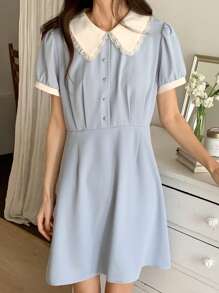 DAZY Color Block Puff Sleeve Mini Dress For Women Summer Sundress - Blue - View 4