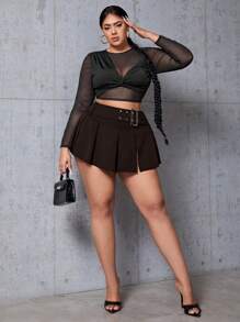 SHEIN SXY Plus Size Fashion Solid Color Slit Pleated Mini Skirt - Coffee Brown - View 5