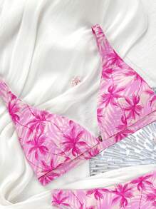 Women's Summer Beach Palm Tree Print Sexy Bikini Swimwear Set, Random Print Pattern - Multicolor - View 4