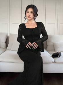 Feyla 女士优雅纯色蕾丝喇叭袖连衣裙 - 黑色 - 查看 5