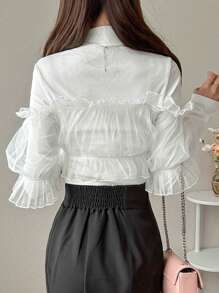 FRIFUL Women Stand Collar Long Sleeve Mesh Patchwork Ruffle Hem Fashionable T-Shirt - White - View 5