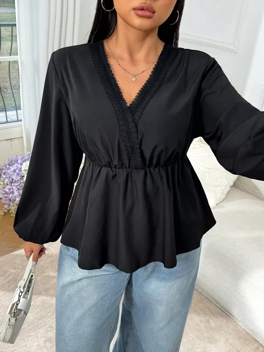 Solflare Plus Size Casual Commuter Plain Lantern Sleeve Shirt - Black - View 1