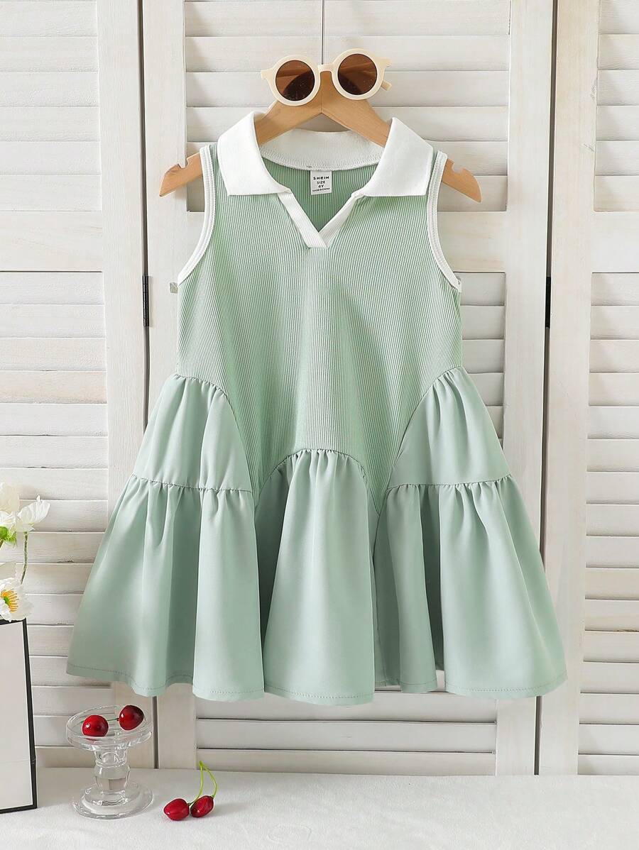 Elladie kids 年轻女孩韩版夏季可爱露背连衣裙，有领，无袖，荷叶边下摆，优雅学院风宽松连衣裙 - 綠色 - 查看 1