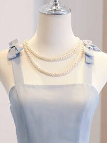 少女方领无袖细肩带蝴蝶结后背拉链优雅薄纱婚礼伴娘花童礼服 - 藍色 - 查看 3