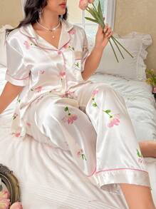 CottageSlumber 大码花卉印花缎面睡衣套装