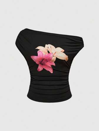 T-shirt slim ajusté asymétrique plissé pour femmes au style rétro "Y2K Harajuku" avec imprimé floral