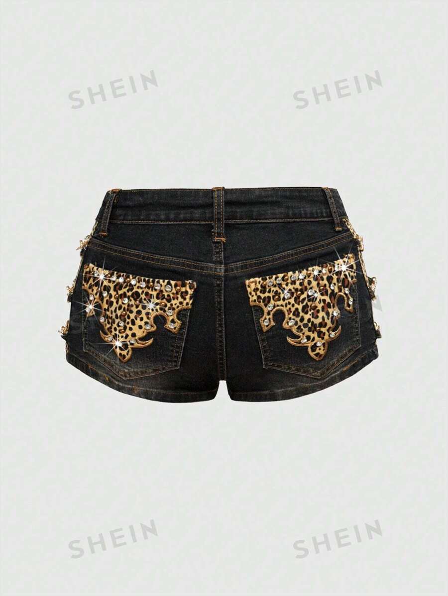 ROMWE J-Fashion Y2K Harajuku Gyaru Y2K Dantela Patchwork cu talie joasa incrucisata Retro Skinny cu talie super joasa femei pantaloni scurți din denim