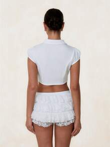 Glamine Women's Solid Color Cropped Short Sleeve Fitted Collared Shirt