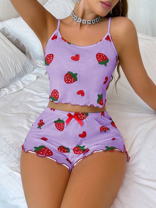 ZzzCrew Women Strawberry Printed Jacquard Frill Trim Cami Shorts Pajama Set