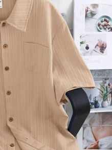 SHEIN 2pcs Teen Boy Casual Vacation Wave Pattern Loose Collar Short Sleeve Shirt And Shorts Set