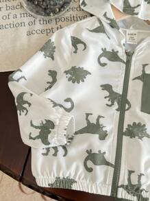 Conjunto de 2 piezas para bebé niño/niña, chaqueta ligera con capucha estampado de dinosaurio en contraste de color y pantalón liso de unicolor, adecuado para primavera, verano, otoño y viajes al aire libre