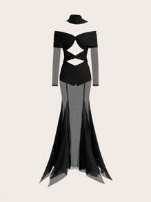 Opulessa Spring And Summer  Beach Wedding Guest Dress Women Concert Outfit Plain Knit See-Through Off Shoulder Cut-Out Design Long Sleeve Mermaid Dress For Women,Tea Party Dress,Summer Dresses For Women