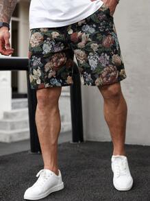 Manfinity Homme Men's Casual Floral Print Summer Shorts, Colorful Pattern Design For Outdoor Wear - Black - View 1