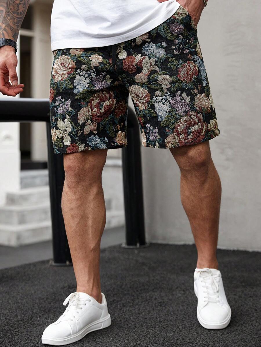 Manfinity Homme Men's Casual Floral Print Summer Shorts, Colorful Pattern Design For Outdoor Wear - Black - View 1