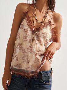 Bohemela Boho Women's Floral Contrast Lace Fashion Elegant Camisole - Apricot - View 2