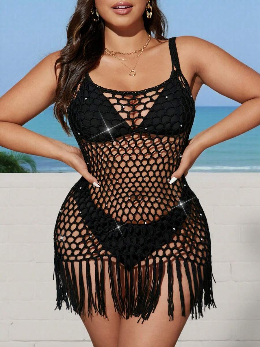 SHEIN Swim Curve Plus Size Crochet Pearl Swimsuit Cover Up Dress, Sexy Backless Mini Skirt For Beach Vacation For Summer - Black - View 1